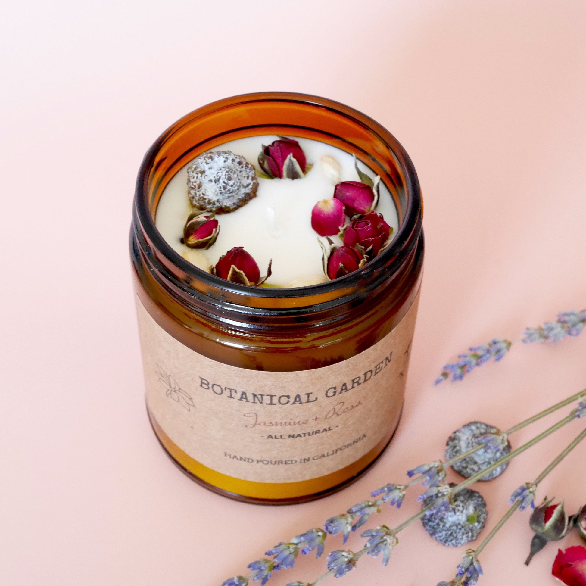 Jasmine Rose Aromatherapy Soy Candle: Organic Dried Flowers, Essential Oil