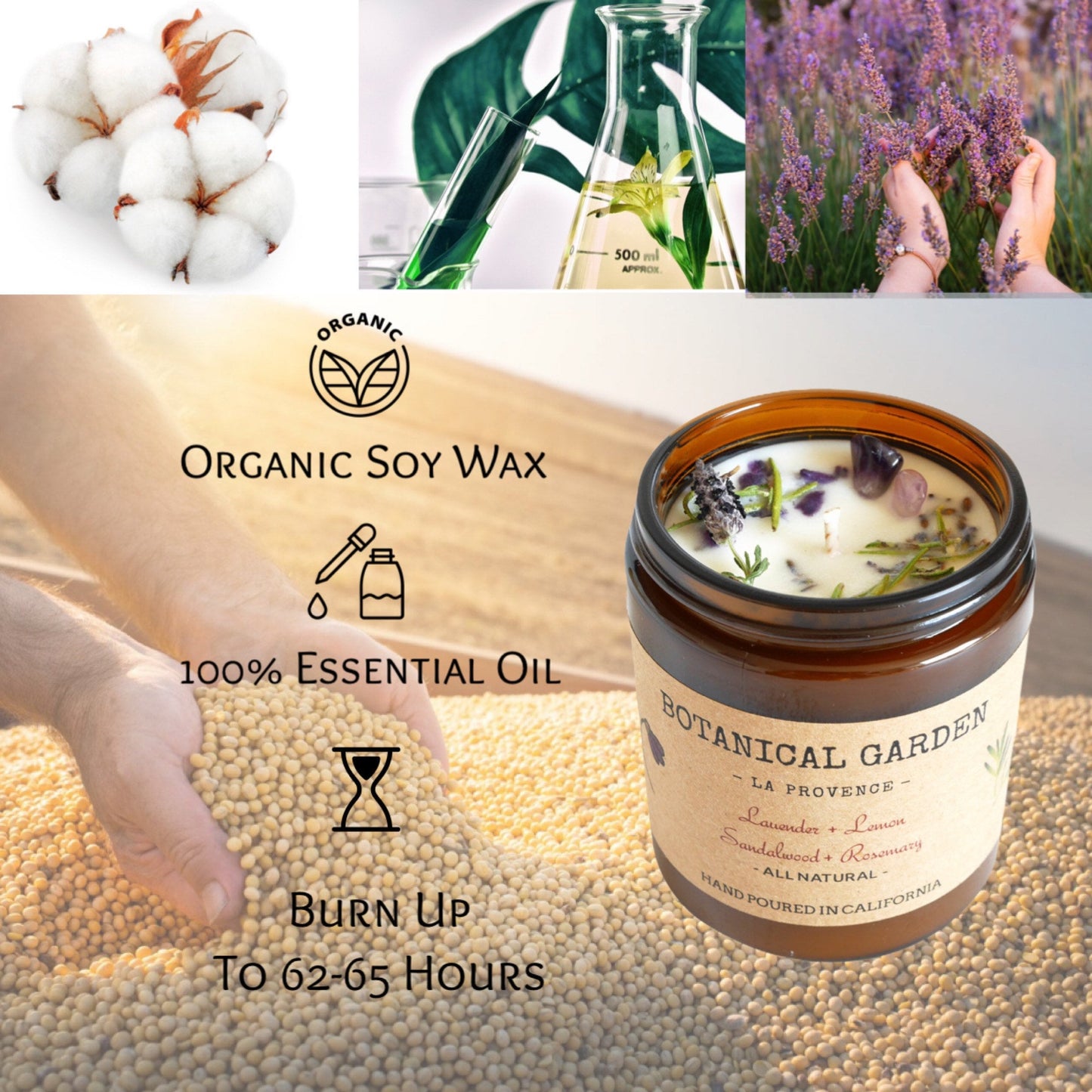 Organic Lavender Rosemary Aromatherapy Soy Candle-all Natural-100% Essential Oil-organic Dry Flowers-long Lasting 9oz-gift-