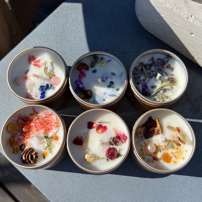 Essential Oil Soy Candle: Aromatherapy Candles With Dried Flowers ( 2oz Tins)