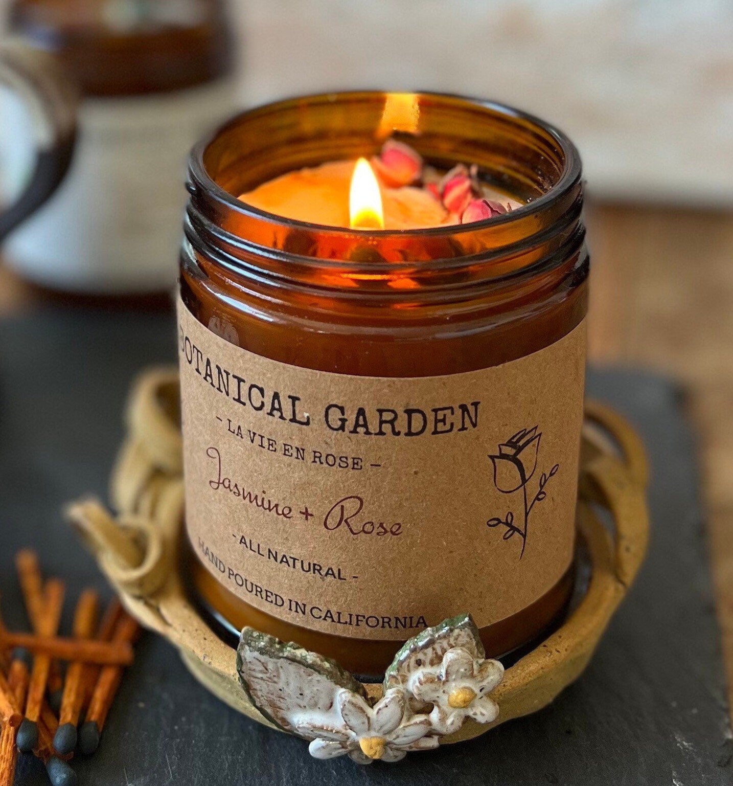 Jasmine Rose Aromatherapy Soy Candle: Organic Dried Flowers, Essential Oil